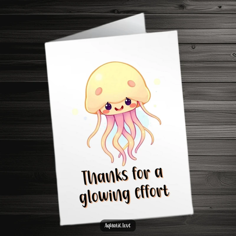 Funny Free Printable Thank You Card: A happy jellyfish with luminous, glowing tendrils floats cheerfully underwater.