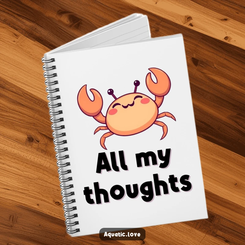 Funny crab notebook with a giggling creature happily scuttling sideways, designed for jotting down thoughts with seaside humor.