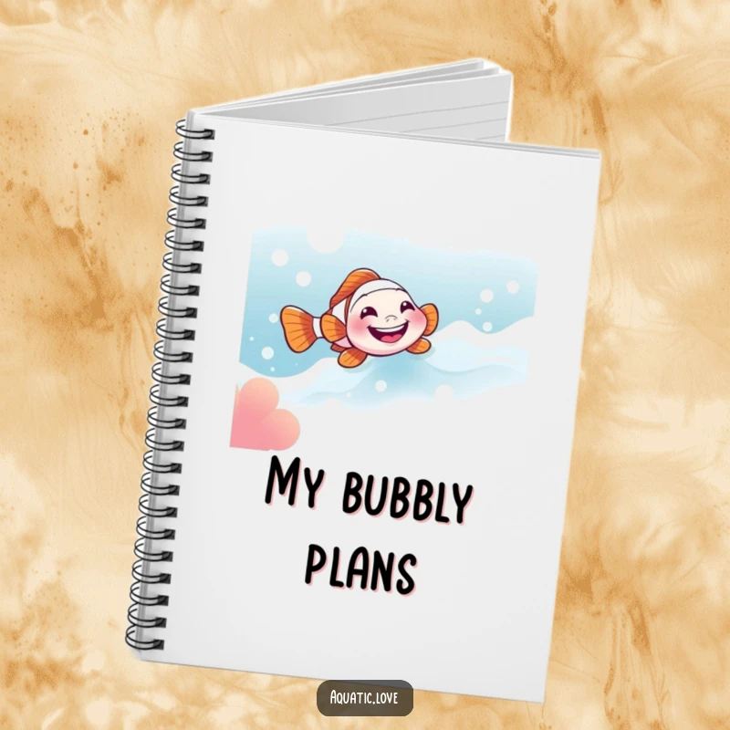 Funny notebook with a little clownfish with a wide grin sliding down a bubbly current, ideal for jotting down fun ideas.