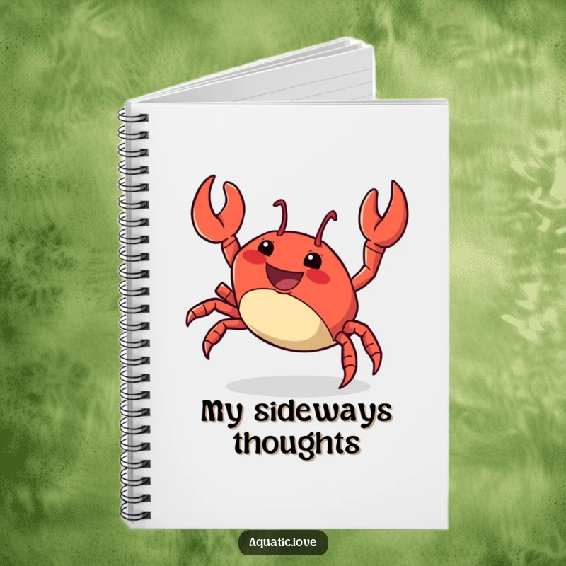 Funny Notebook with a delighted crab character energetically scuttling sideways, perfect for jotting down quick ideas and plans.