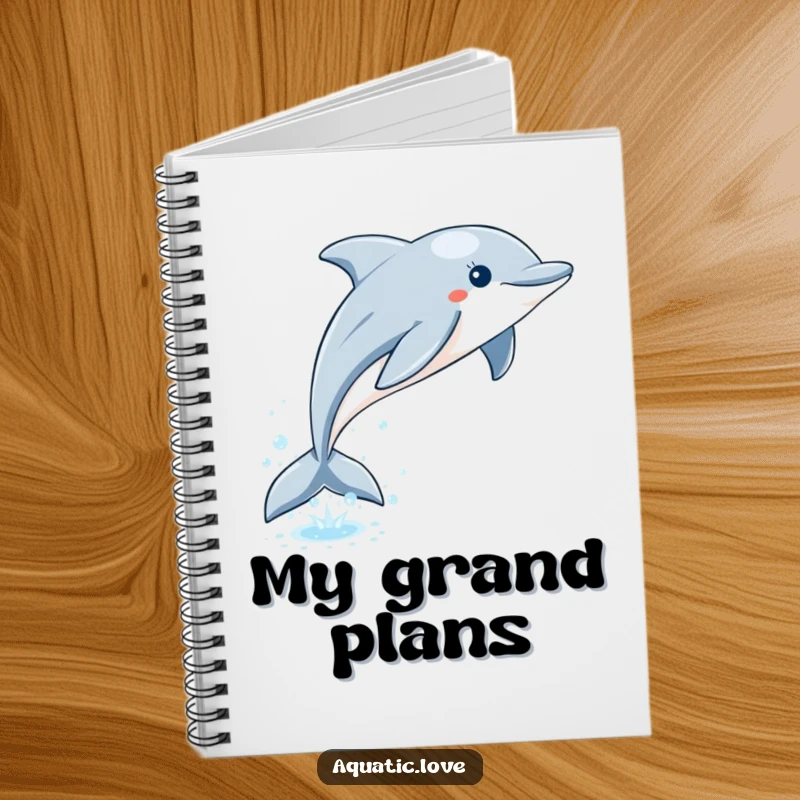 Funny dolphin notebook with a playful leap from sparkling water and bubbles, designed for jotting notes with ocean humor.
