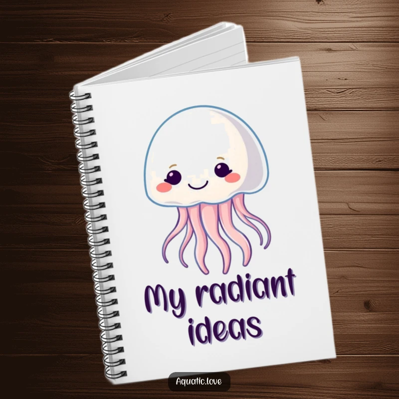 Funny notebook with a smiling jellyfish character gently pulsating with soft light, ideal for jotting down notes with a serene feel.