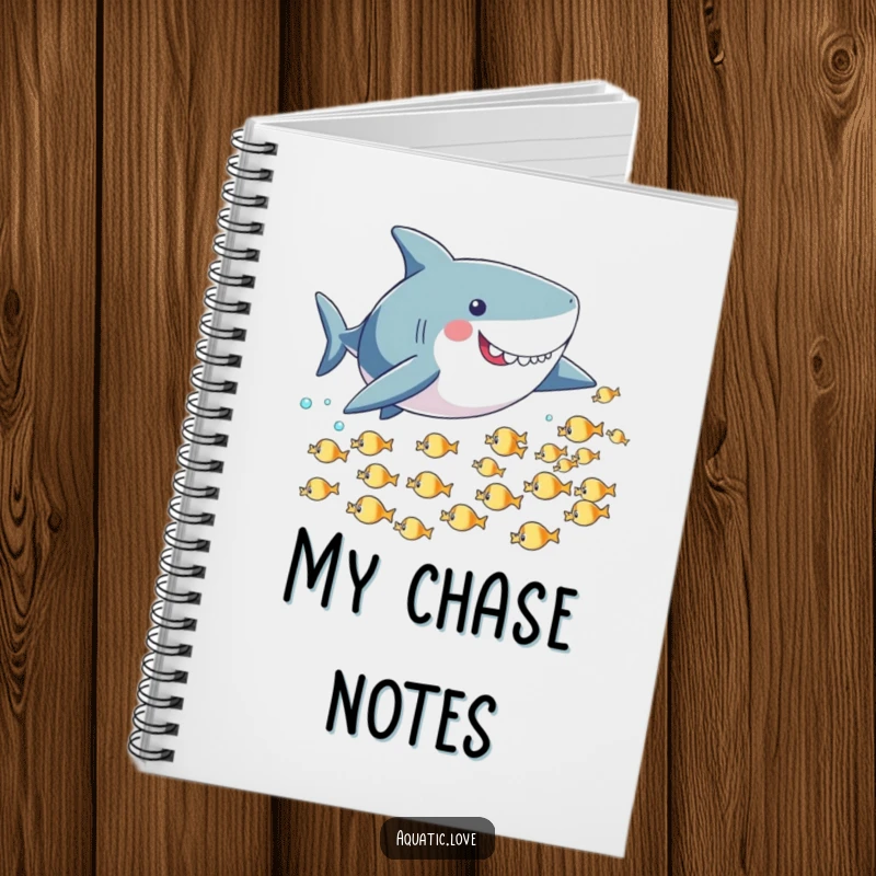Funny notebook with a playful shark with small fins playfully chasing tiny fish, ideal for jotting down energetic ideas.