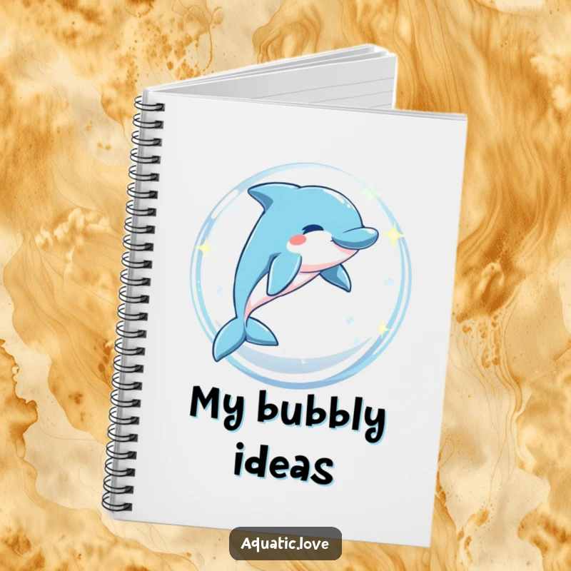 Funny notebook with a playful dolphin leaping through a sparkling bubble arch, perfect for capturing ideas with a smile.