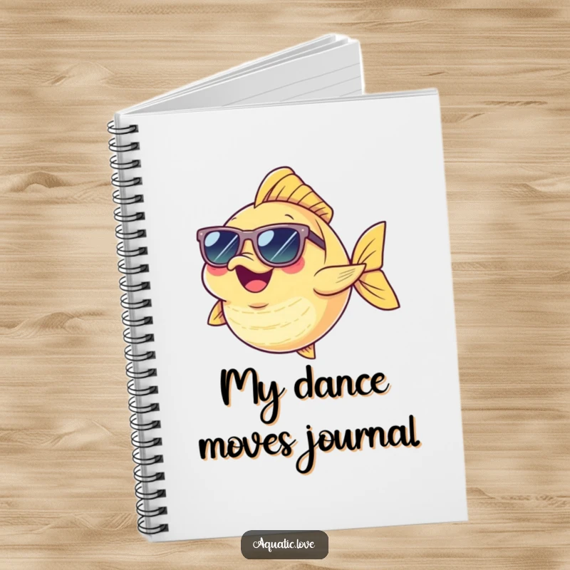 Funny Notebook with a cheerful fish character in tiny sunglasses, dancing with abandon, perfect for jotting down funny thoughts.