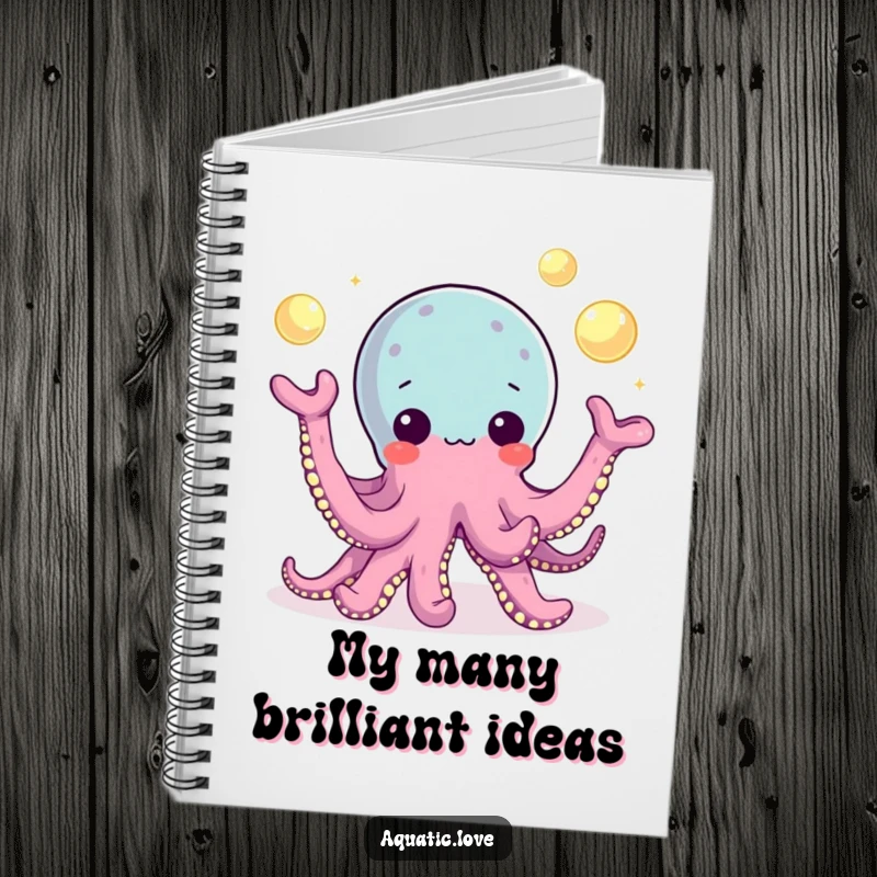 Funny Notebook with a playful octopus character juggling glowing pearls with its tentacles, perfect for capturing brilliant ideas.