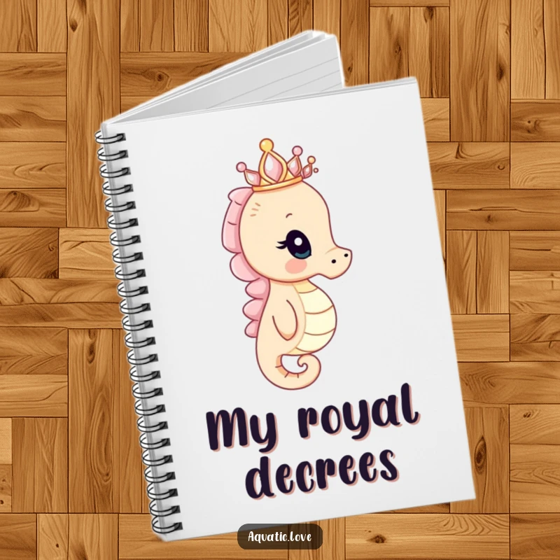 Funny seahorse notebook with a curious creature wearing a tiny seashell crown peering into the distance, designed for jotting notes with regal humor.