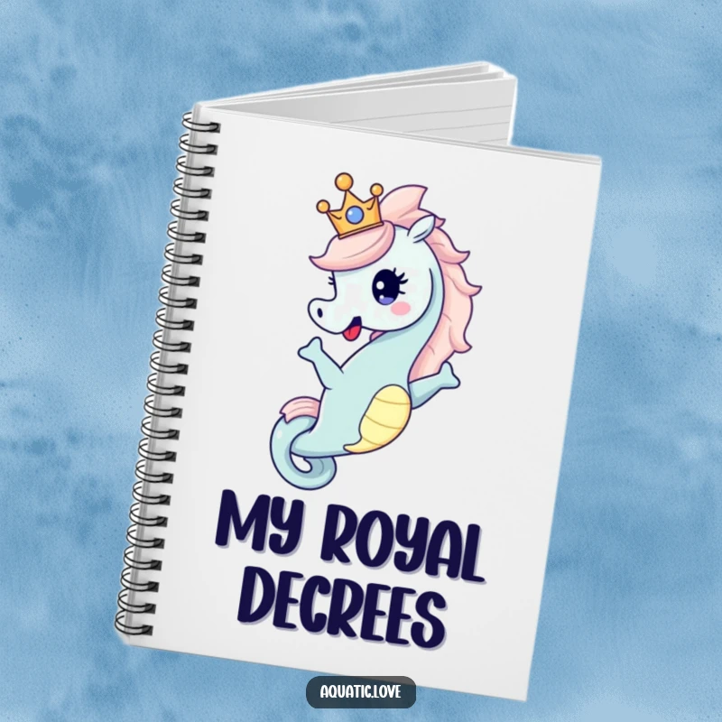 Funny Notebook with a happy seahorse character dramatically posing with a tiny crown, ideal for jotting down regal thoughts and plans.