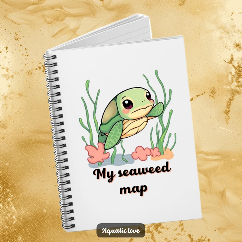 Funny notebook with a curious sea turtle determinedly navigating through playful seaweed, ideal for journaling adventures.