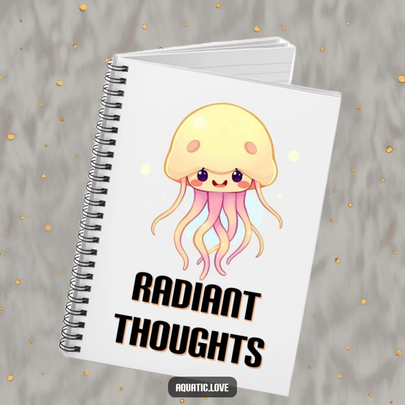 Funny notebook with a happy jellyfish and glowing tendrils bobbing cheerfully, ideal for jotting down bright ideas.