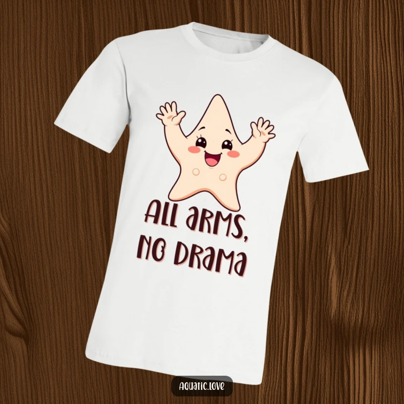 Funny t-shirt with a cheerful starfish character enthusiastically waving all its arms, embodying pure excitement and welcoming vibes.