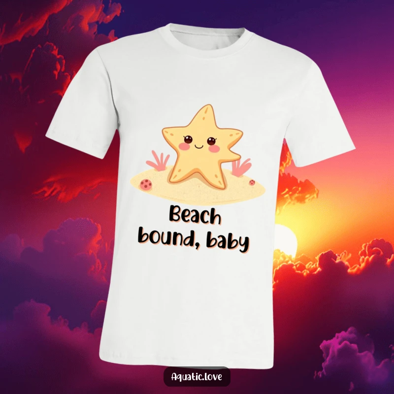 Funny starfish t-shirt depicting a cheerful creature wearing tiny flippers and winking from a sandy seabed, ideal for humor lovers.