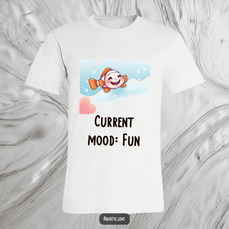 Funny t-shirt depicting a little clownfish with a wide grin joyfully sliding down a bubbly current in the ocean.