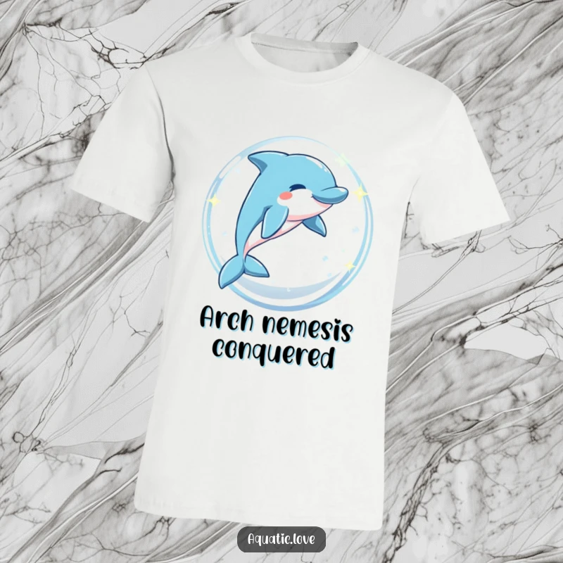 Funny t-shirt depicting a playful dolphin mid-leap through a radiant arch of sparkling bubbles, capturing pure exhilaration.