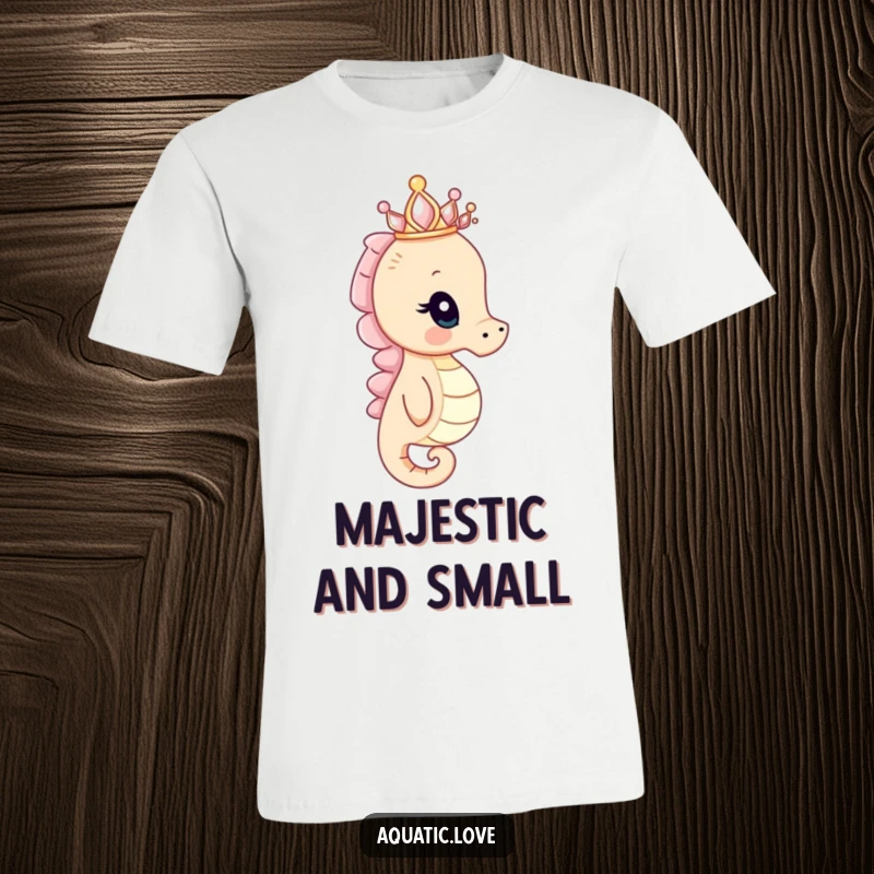 Funny seahorse t-shirt depicting a curious creature wearing a tiny seashell crown and gazing into the distance, showcasing regal ocean humor.