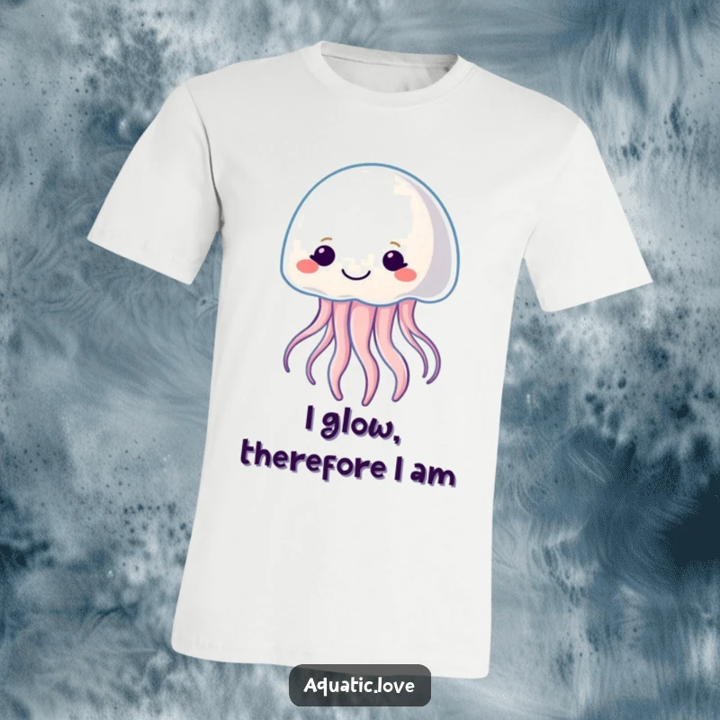 Funny t-shirt depicting a smiling jellyfish character emitting a gentle, soft pulsating light, embodying tranquility and intrigue.