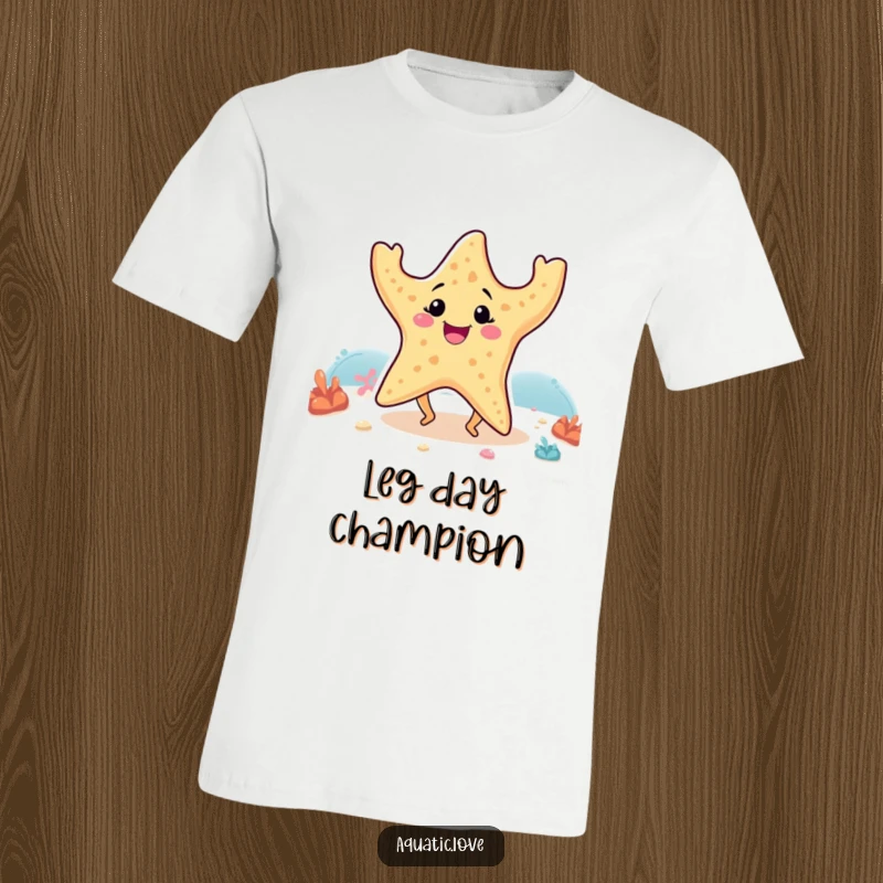 Funny t-shirt showcasing a smiling starfish with small legs enthusiastically dancing on the ocean floor, a celebration of pure delight.