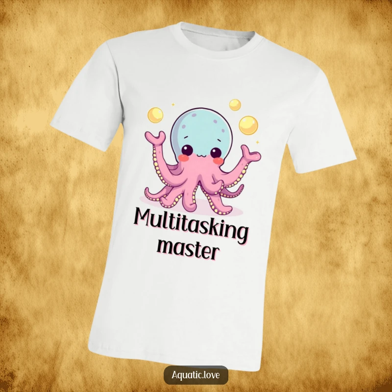 Funny T-Shirt depicting a playful octopus character masterfully juggling luminous pearls with its eight tentacles, showcasing incredible dexterity.