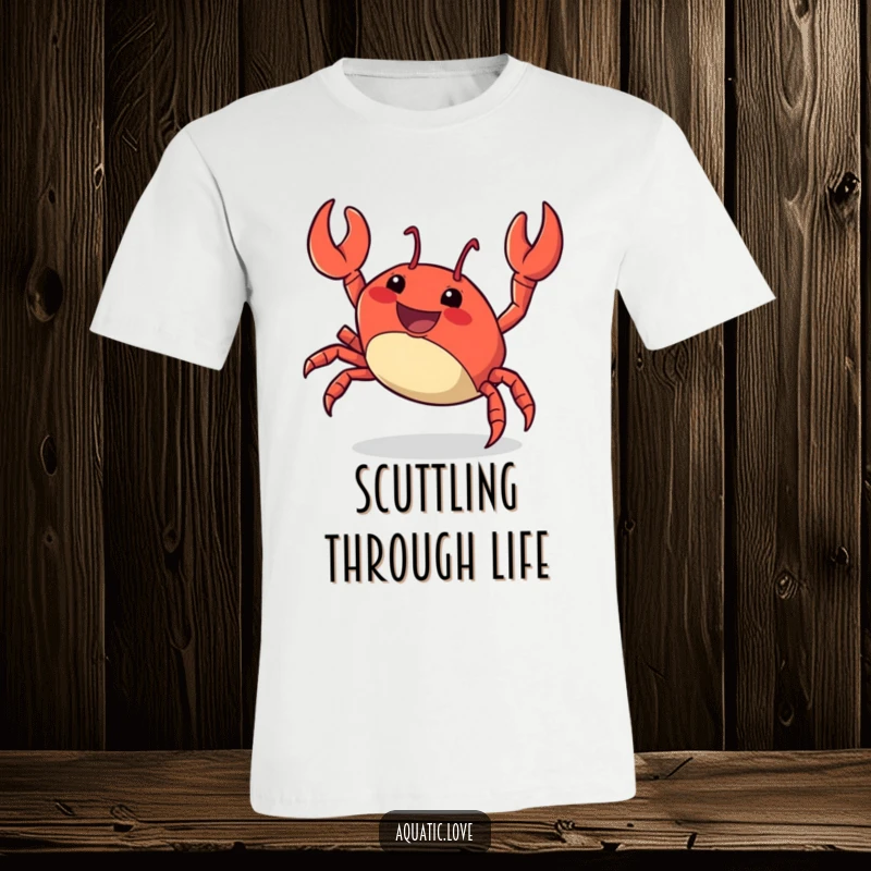 Funny T-Shirt depicting a delighted crab character performing a rapid, energetic sideways scuttle with a joyful and determined expression.