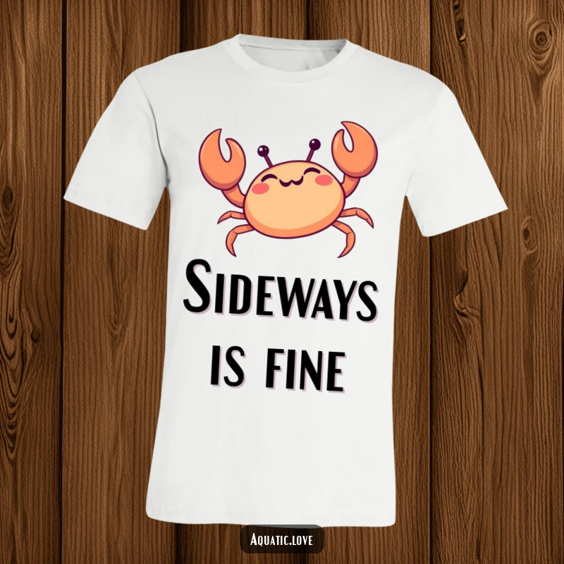 Funny crab t-shirt depicting a giggling crustacean scuttling sideways happily with raised claws, embodying playful ocean humor.
