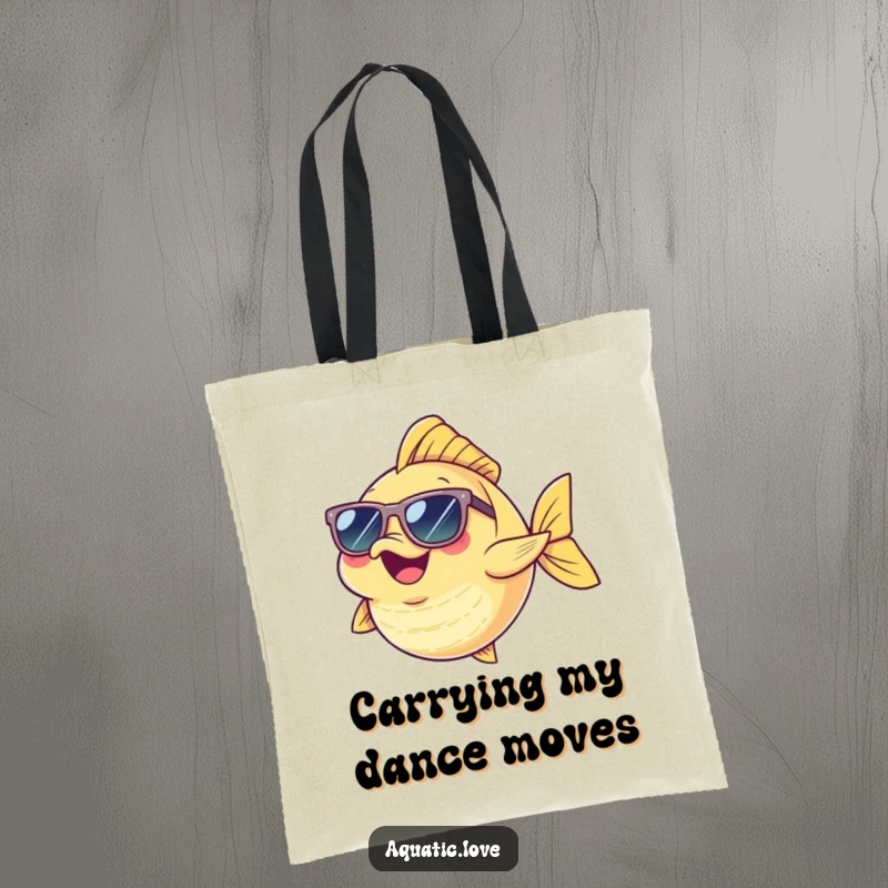 Funny Tote Bag featuring a cheerful fish character in tiny sunglasses, caught in a hilarious dance move, ready for adventure.