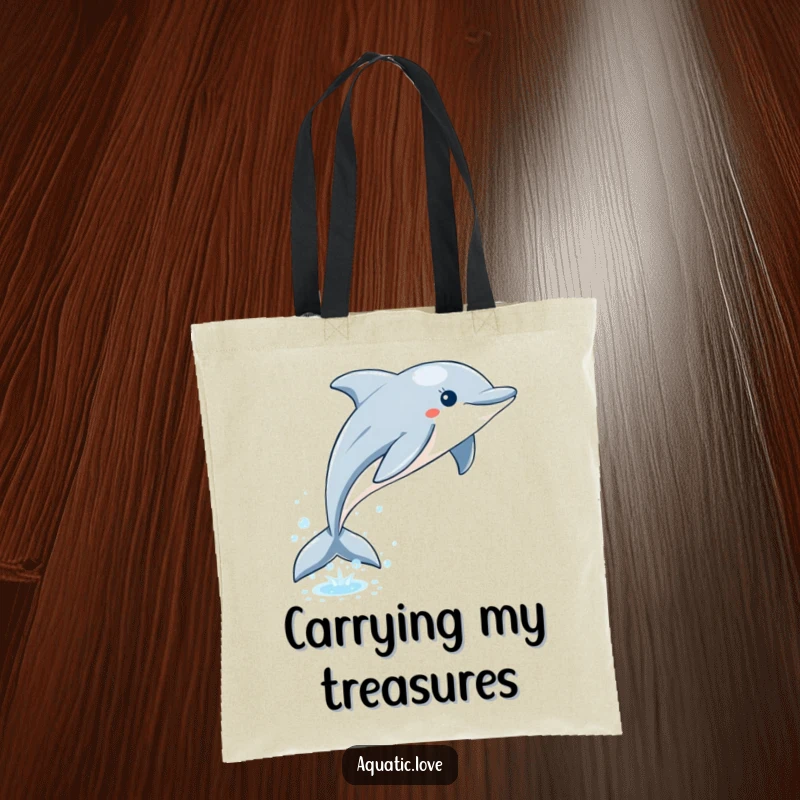 Funny dolphin tote bag depicting a playful leap from sparkling water with bubbles, ideal for carrying items with oceanic flair.