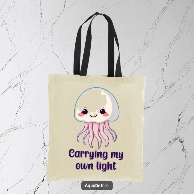 Funny tote bag with a smiling jellyfish character gently pulsating with soft light, perfect for carrying essentials with a touch of magic.