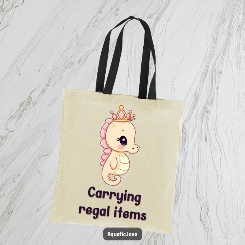 Funny seahorse tote bag with a curious creature wearing a tiny seashell crown peering into the distance, ideal for carrying items with regal flair.
