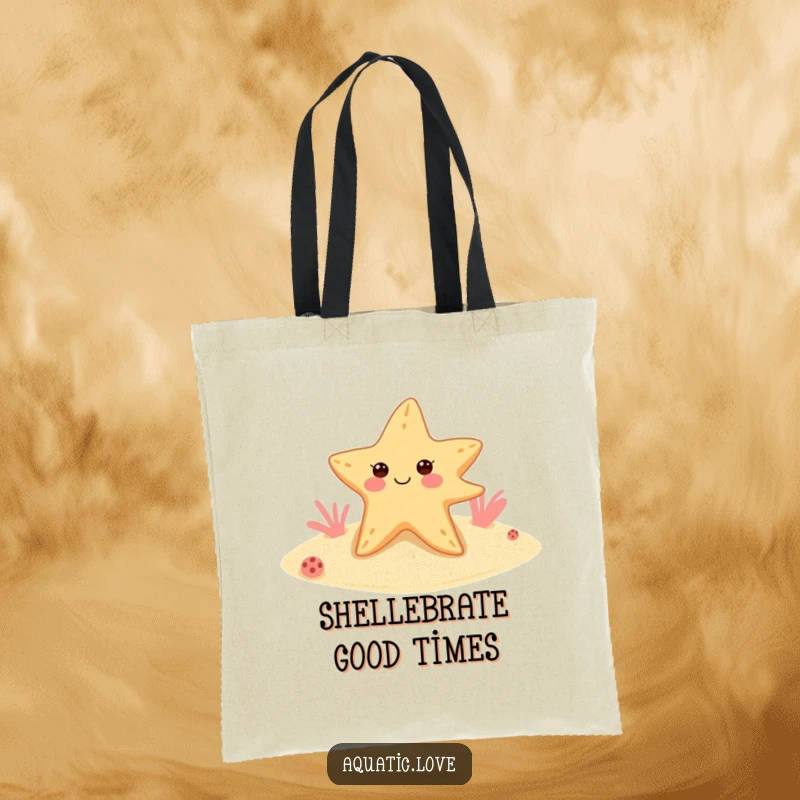 Funny starfish tote bag with a cheerful winking creature wearing flippers, ideal for carrying items with oceanic humor and style.