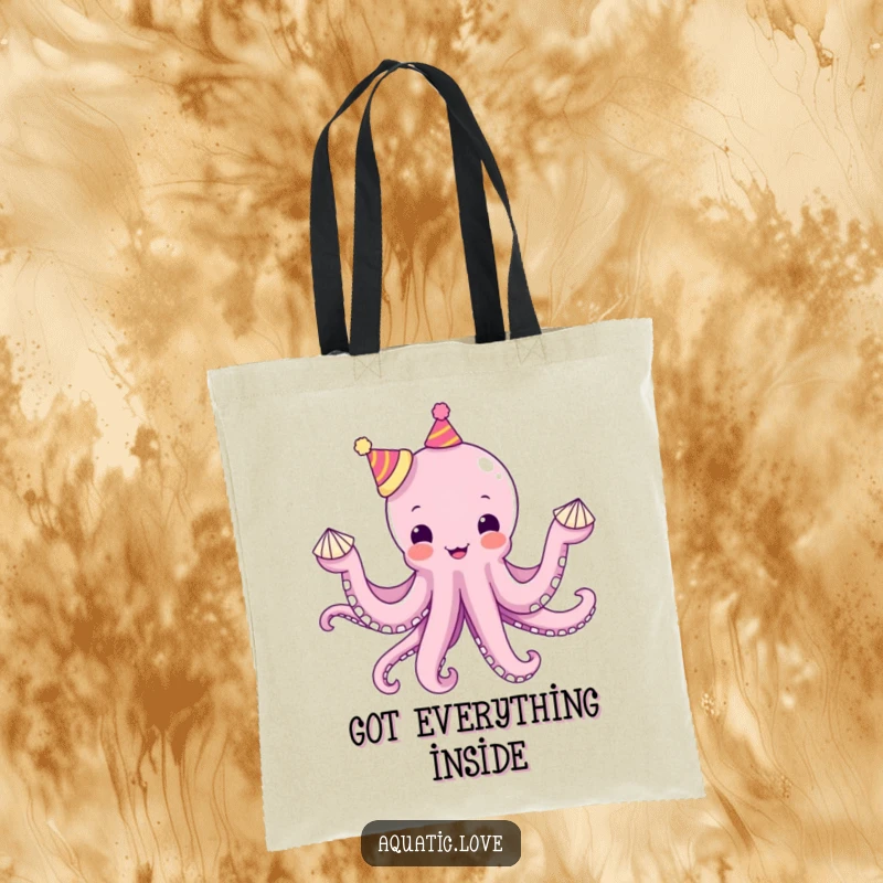 Funny octopus tote bag with a delighted creature wearing tiny hats on each tentacle juggling seashells, ideal for carrying items with whimsical flair.