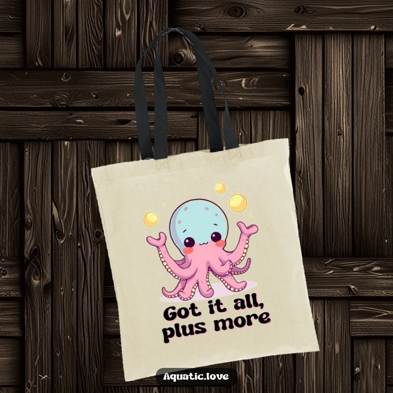 Funny Tote Bag showcasing a playful octopus character juggling glowing pearls with its tentacles, perfect for carrying essentials with flair.